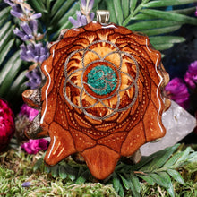 Load image into Gallery viewer, Crushed Malachite (Glows) with Gold Seed of Life and Front Om
